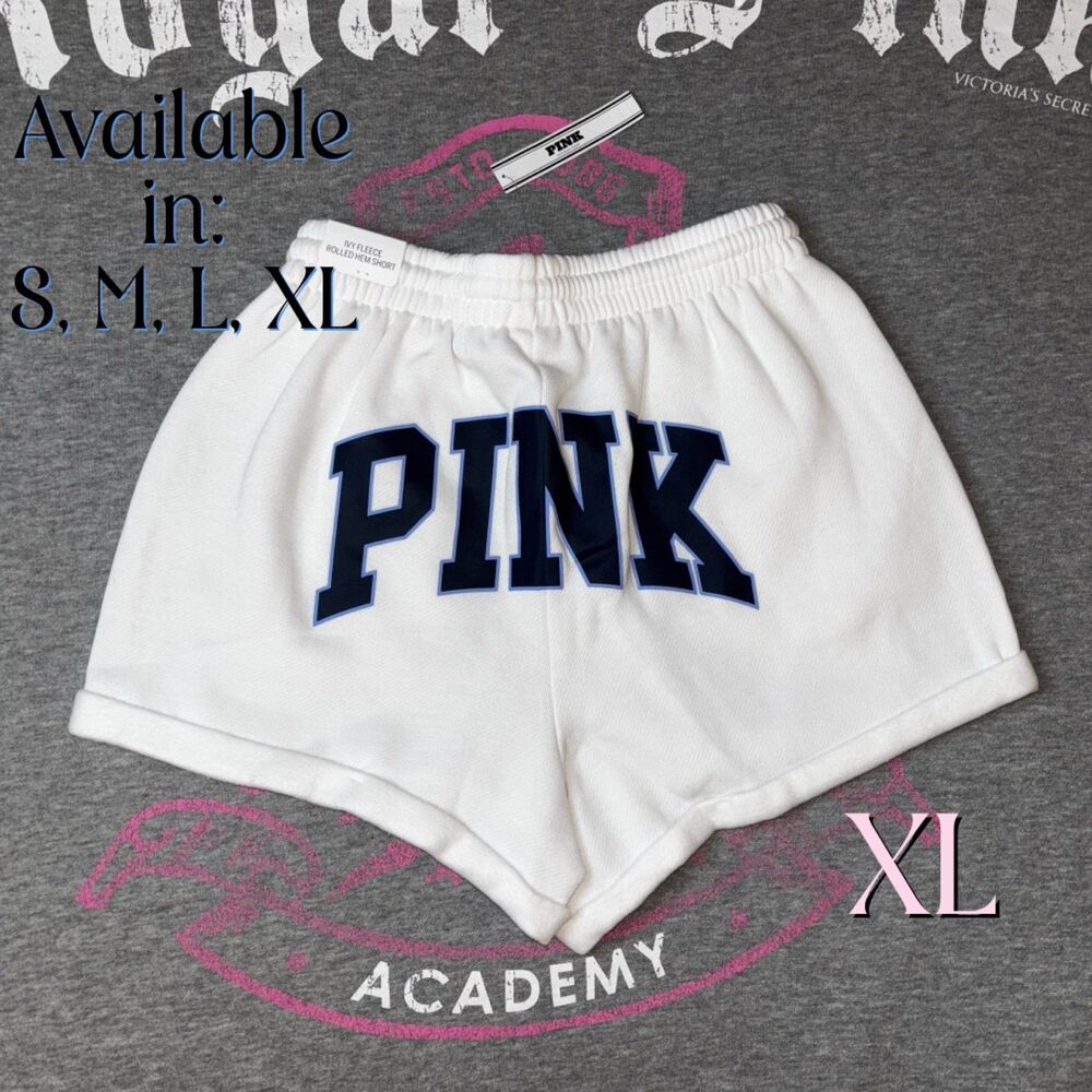 VS PINK Rolled Hem Fleece Shorts Varsity Blue & White Limited Edition XL